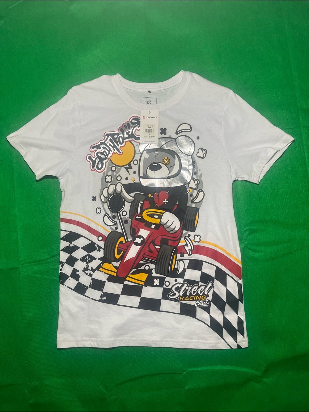 South Pole White mens Graphic Tee with Red Race Kart Bear